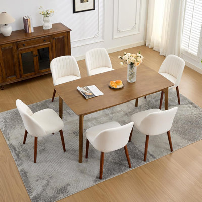 Ensemble de 6 chaises de salle à manger modernes à oreilles, revêtues de tissu lin, assise rembourrée, pieds en bois massif, beige | 3 boîtes