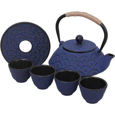 Ensemble de théière en fonte de style japonais avec 4 tasses à thé, bouilloire et infuseur, corde de chanvre, sous-plat, cadeau asiatique pour adultes (motif écailles de poisson, antirouille)