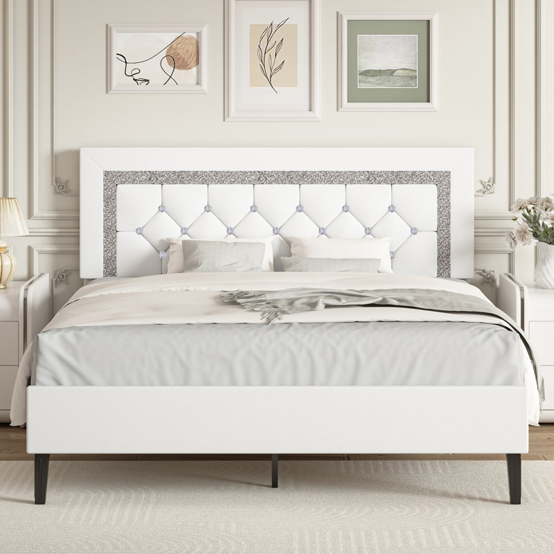 Alber Bed Frame with Tufted Button Headboard, Upholstered Platform Bed Frame with Diamond Design, Wood Slat Support, No Box Spring Needed, Easy Assembly