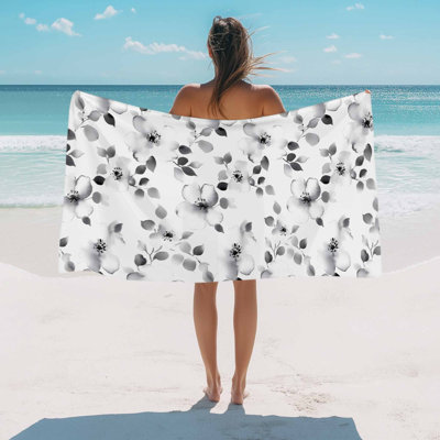 Beach Towel Gray Floral Bath Pool Towels Watercolor Flower Leaf Absorbent Beach Towel Soft Large Quick Dry Lightweight Camping Travel Sports Yoga Gym Swim Towels for Adult 32x63 Inch