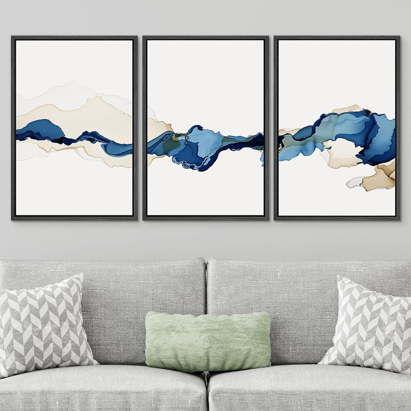 «Smoke Effect», aquarelle bleue et brune, nature sauvage, illustrations abstraites encadrées sur toile, 3 pièces, Cadre noir