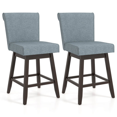 27" Swivel Bar Stools With Rubber Wood Legs Upholstered Linen Bar Chairs