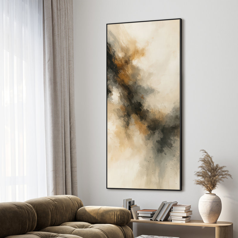 Extra Large Wall Art Fabric Print - Soft Neutral Abstract with Black and Amber Burst Artwork Decor for Living Room or Bedroom - "Frame Assembly Required (Unfinished Frame)"