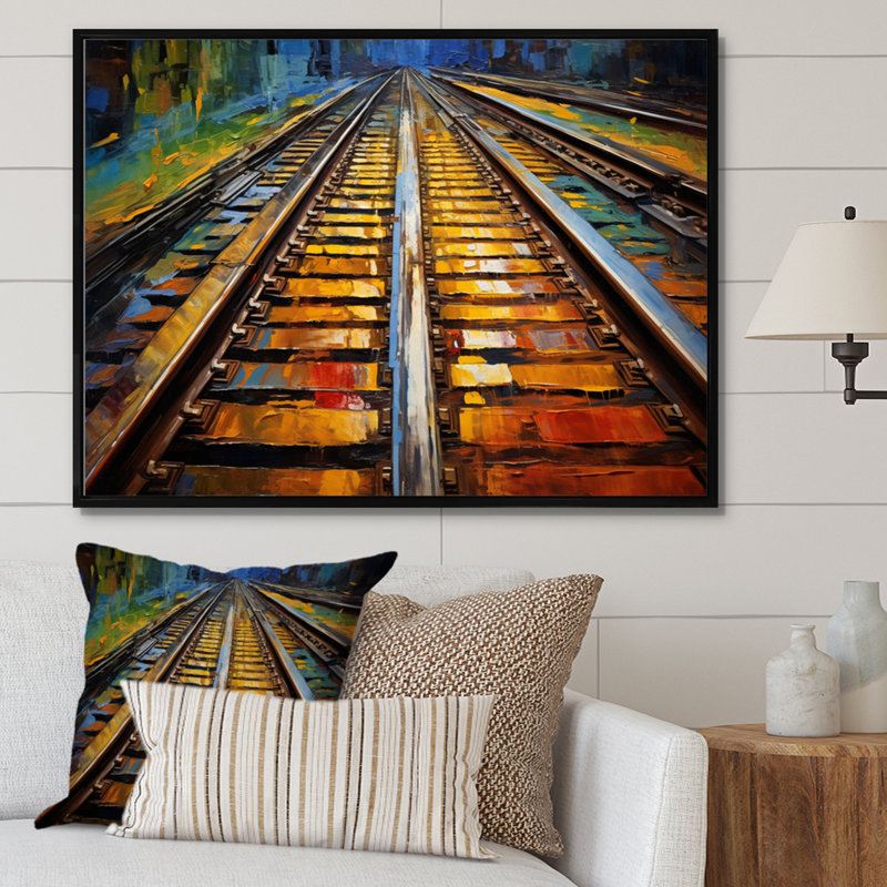 Orange Train Rails Track - Transportation Wall Art Living Room, H 12 po x l 20 po x P 1 po, Cadre flottant noir