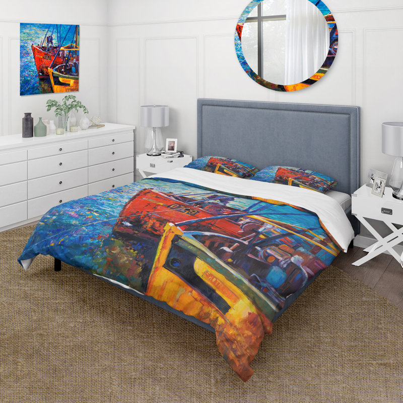 Bateaux qui se reposent sur l'eau pendant le coucher du soleil chaud - Ensemble de housse de couette nautique - Polyester en microfibre