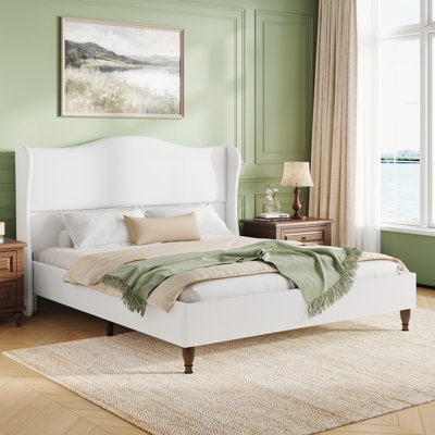 King Size Upholstered Wingback Platform Bed with Tall Headboard-White