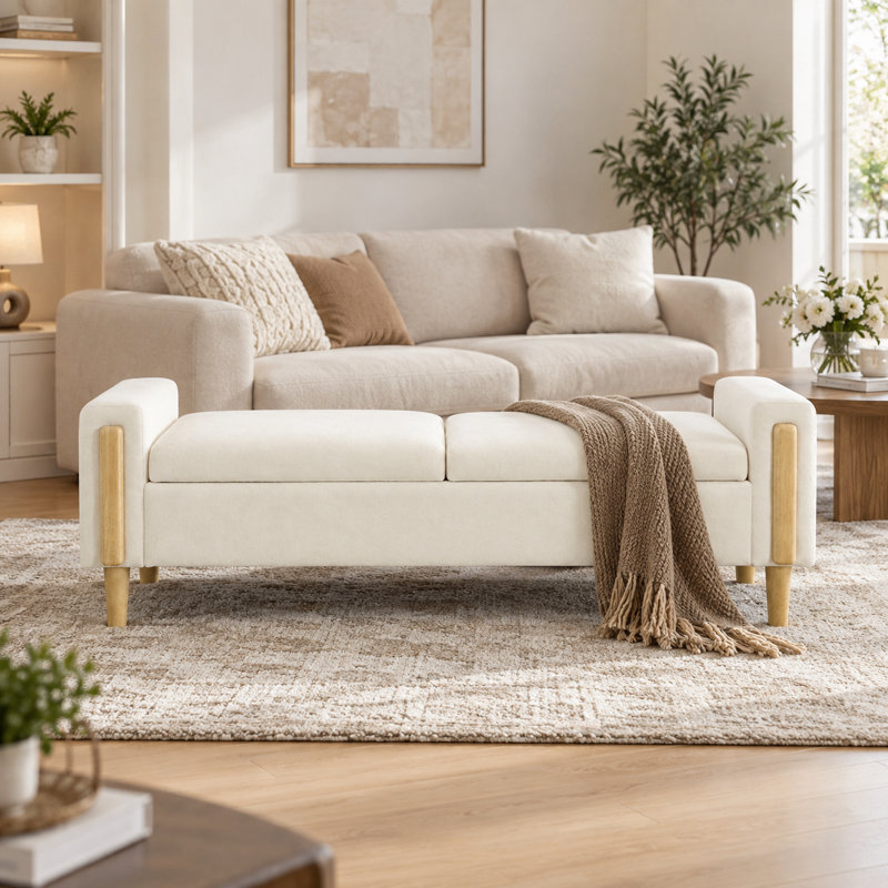 Banc de rangement moderne à double couvercle, capitonné, avec compartiment caché spacieux et accoudoirs, idéal pour l'entrée de chambre et le salon.