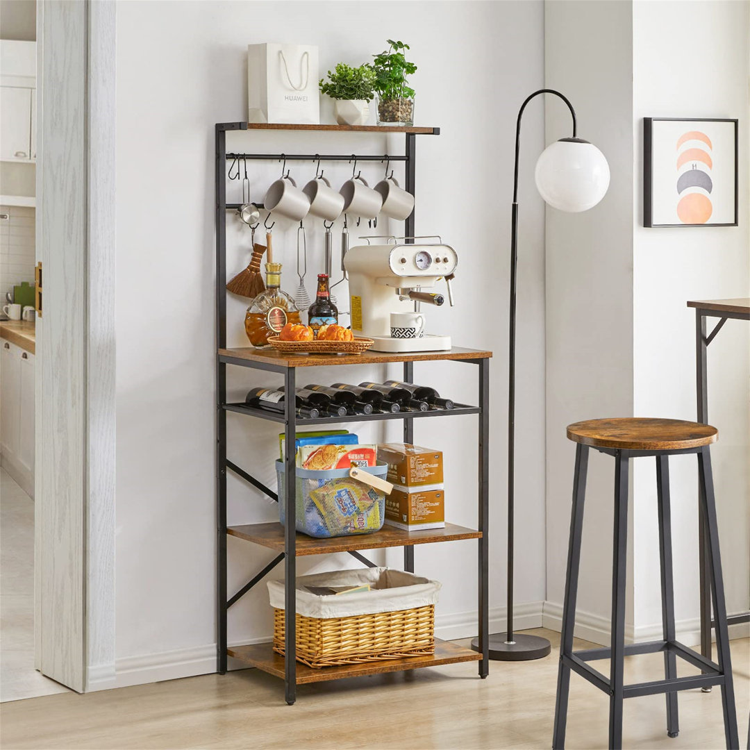 Kitchen Baker's Rack, Microwave Oven Stand With Storage Shelves, Industrial Coffee Bar Station, With Adjustable Wine Holders And S-Hooks, Metal Frame