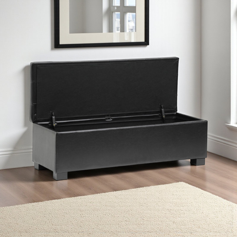 Baltierra Faux Leather Upholstered Storage Bench in Black Finish, 15.25'' H X 45.5'' W X 17.13'' D, Black