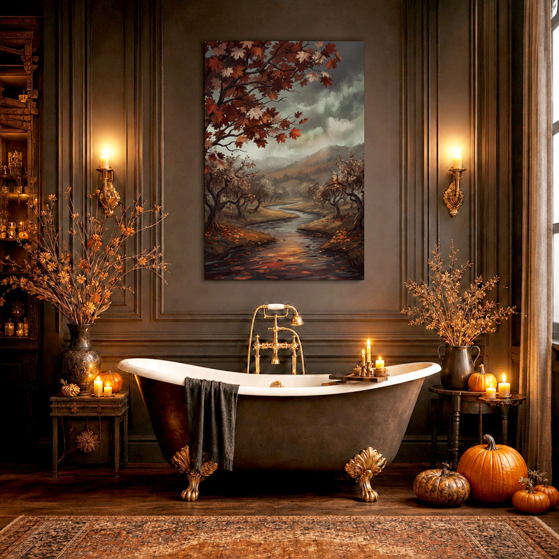 " Red Leafed Trees Along Misty River Halloween " Painting Print, 18"H x 12"W