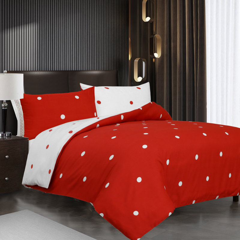 Microfiber Flora Reversible Duvet Cover with Pillowcases, Red/White Polka Dots, Single Duvet Cover + 1 Standard Pillowcase