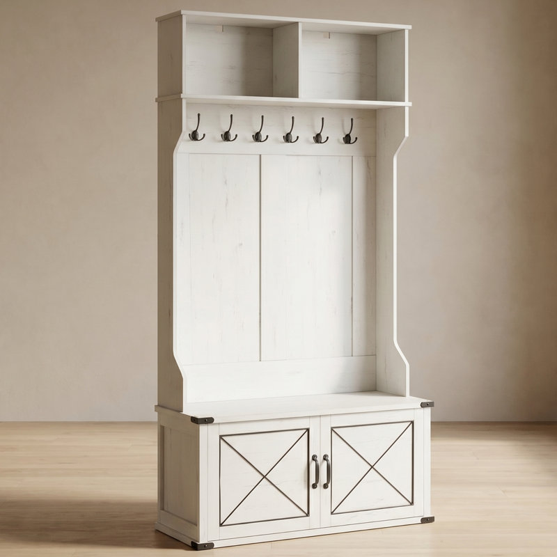 Hall Tree With Storage Bench - Entryway Coat Rack With Hooks, Shoe Bench, And Shelves, Farmhouse Style Mudroom Organizer For Hallway, Foyer, Entryway