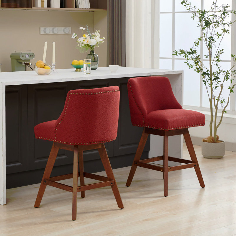 Tabouret de bar pivotant à hauteur de comptoir, ensemble de 2 tabourets de bar rembourrés à hauteur de siège de 26 po de hauteur, tissu rouge vin