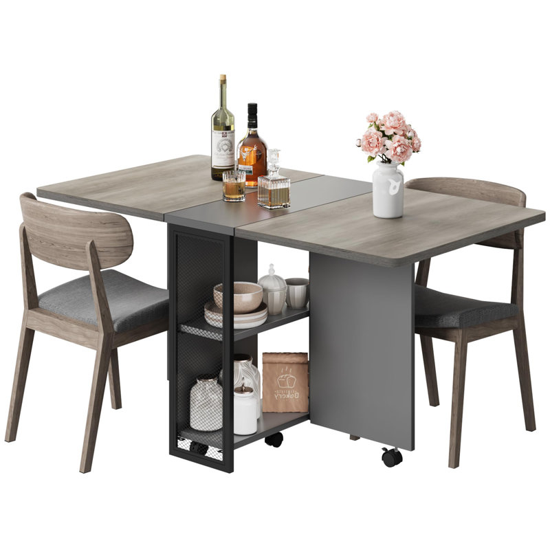 Folding Dining Table With 2 Tier Storage-Extendable Drop Leaf Farmhouse, Grey