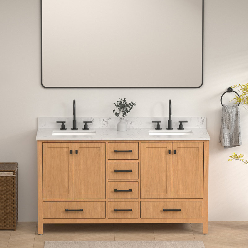 Gollehur 60" Double Bathroom Vanity with Quartz Top, Natural, Black