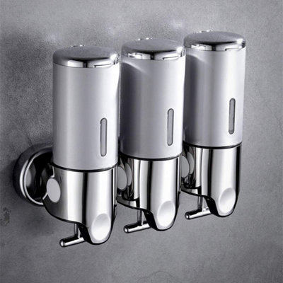 3 In 1 Chamber Wall Mounted Bathroom Shower Pump Dispenser And Organizer-Holds Shampoo, Soap, Conditioner, Shower Gel, For Bathroom Kitchen Hotel (Silver)