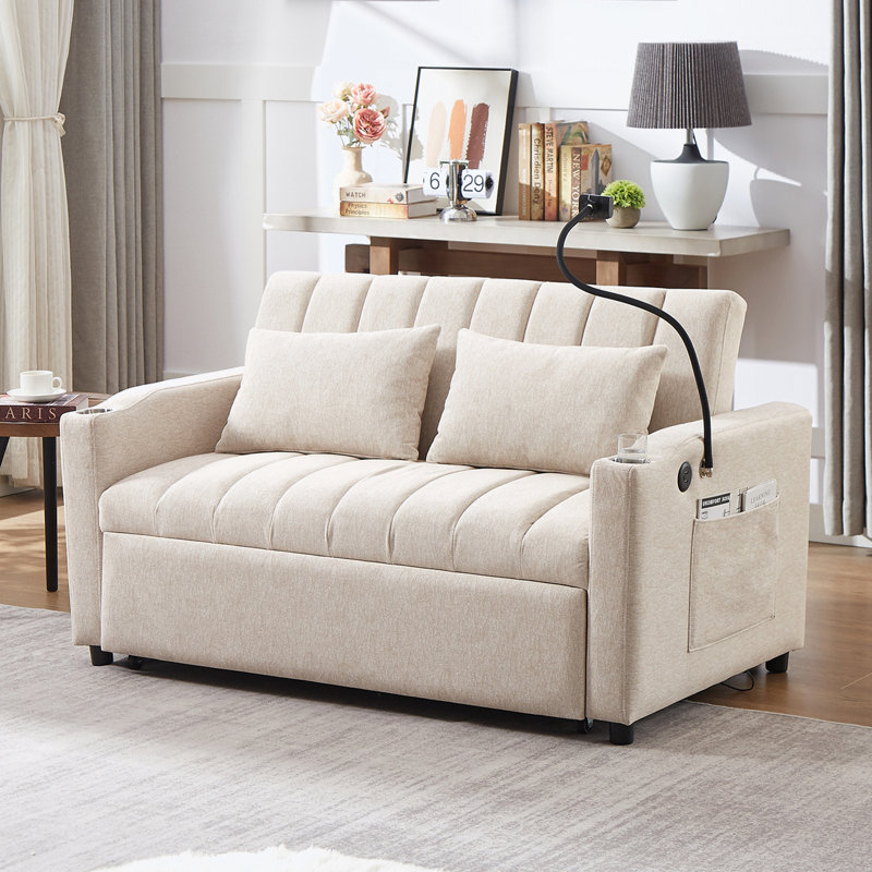 Causeuse avec accoudoirs carrés de 55,9 po, Mélange de polyester beige