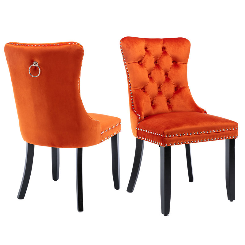 Chaise de salle à manger en velours avec anneau à dossier et pieds en bois massif, Noir, Orange, 2