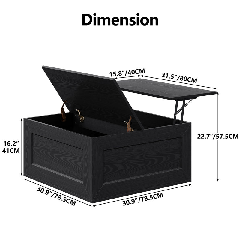 Table basse carrée Jareal avec rangement caché, table basse moderne, table basse à plateau relevable pour salon, Noir