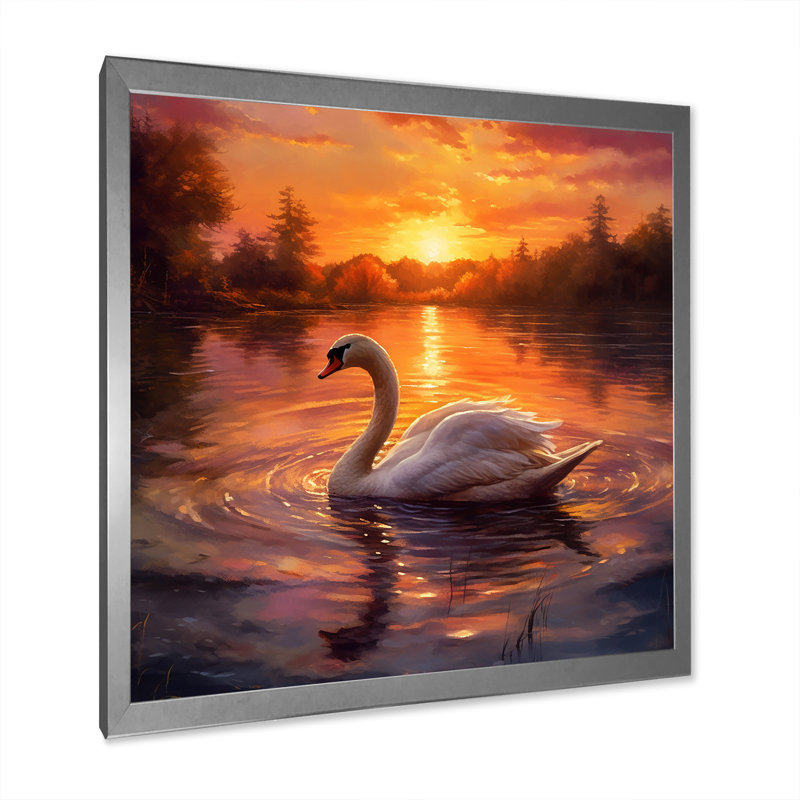 " White Swan Romantic Sunset ", 16" H x 16" W x 1" D, Silver Single Picture Framed