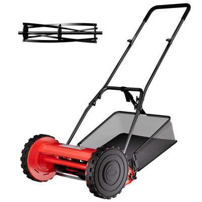 GarveeHome Quiet & Wireless 14-Inch Manual Reell Lawn Mower – 5-Bladee Push Walk-Behind with Adjustable Cutting Height, Removable 6.7-Gallon Grasss Catcherr, Steel Frame – Ideal for Home Lawns, Red