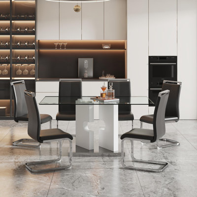Ensemble de table de salle à manger 63 ", ensemble de table de salle à manger en verre avec chaises en cuir synthétique