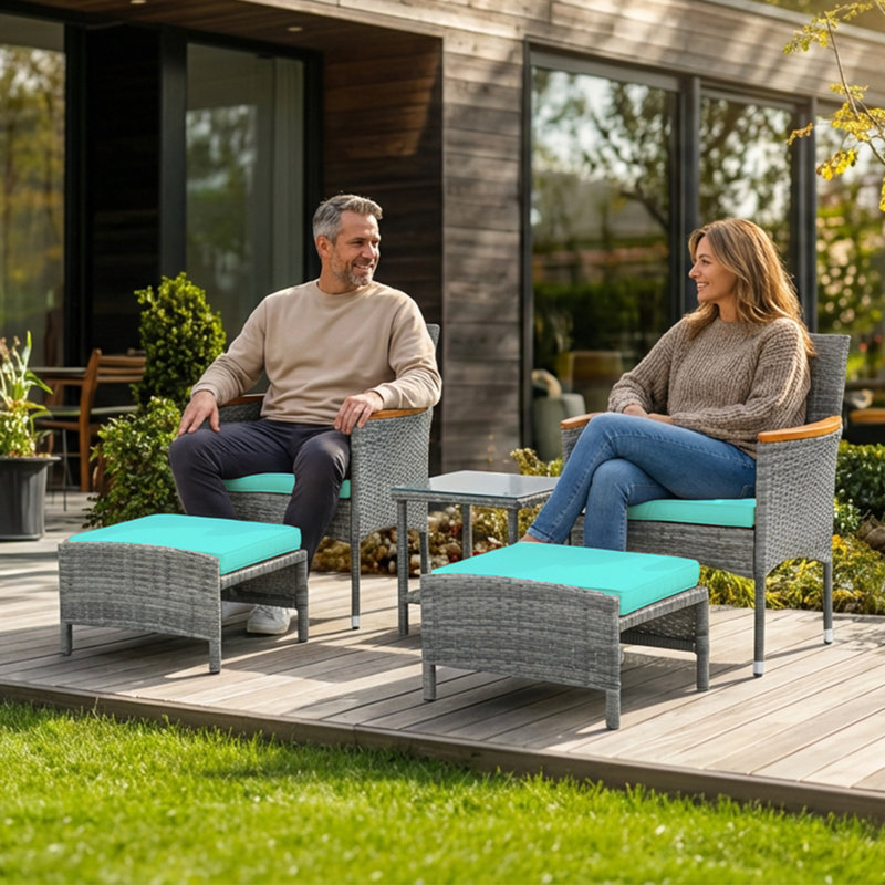 Ensemble de 5 meubles d'extérieur pour patio avec table et repose-pieds Ensemble de patio en osier bistro (osier gris et coussin vert)