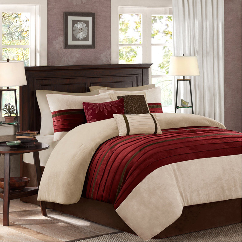 Ensemble d'édredon en faux suède 7 pièces 7 pièces Red Cal King, Édredon très grand californien + 6 pièces suppl