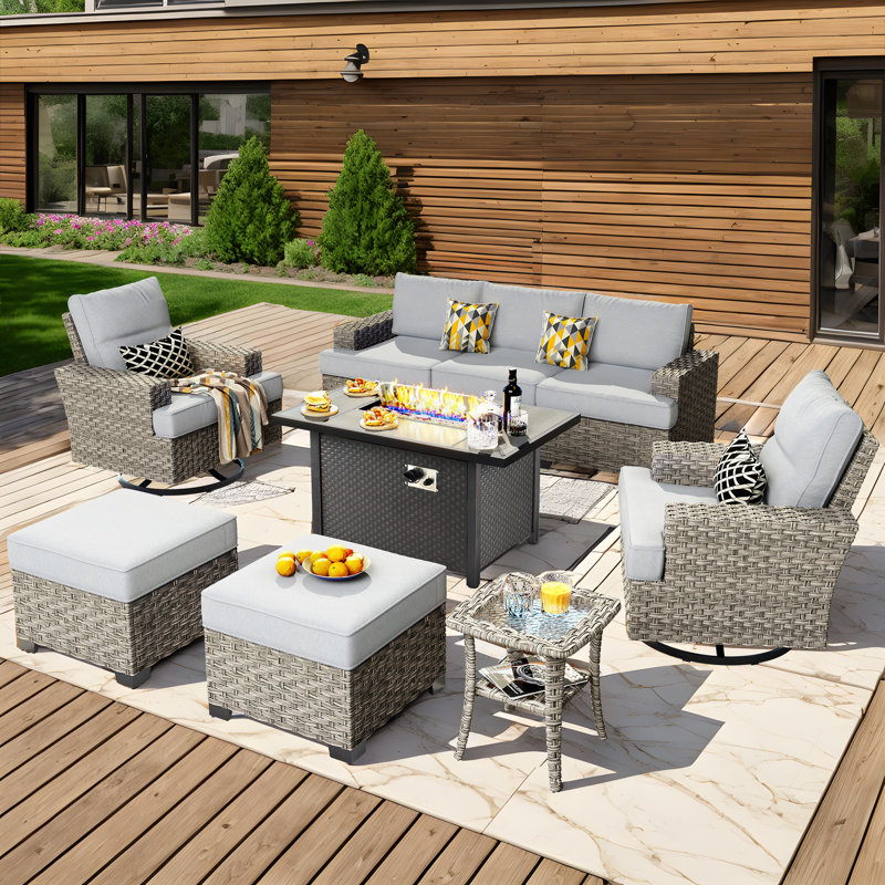 7- Person Rattan Outdoor Seating Group With Swivel Rockers and Fire Pit Table, Light Gray