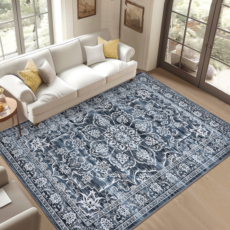 8'x10' Washable Vintage Area Rug Non-Slip Neutral Carpet Foldable Stain Resistant Rug Blue, Blue, Rectangle 8' x 10'