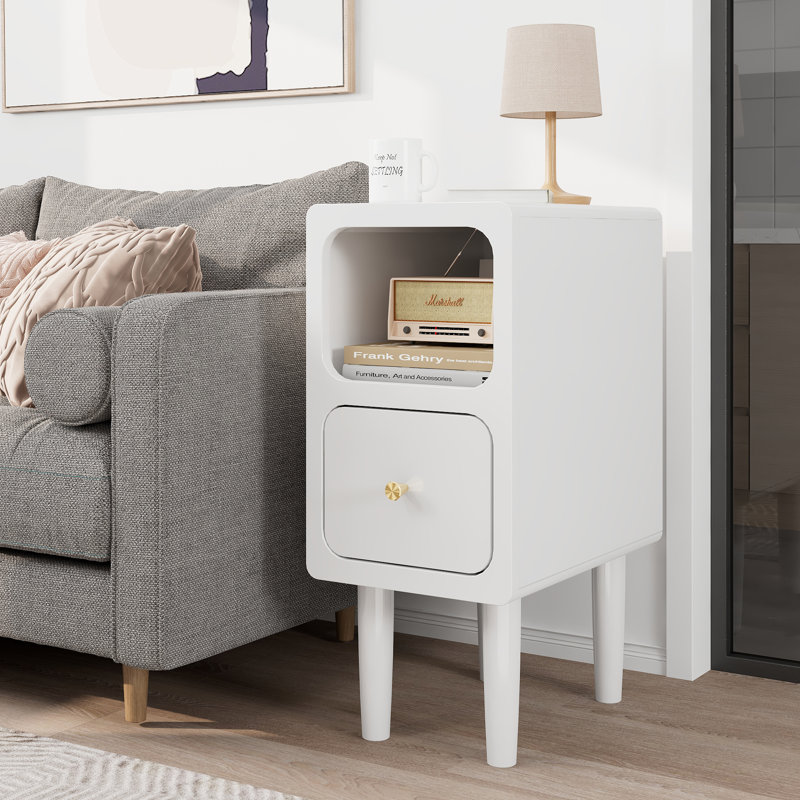 Solid Wood Nightstand - 10 Inch Narrow, With Drawers & Open Storage, White Mid Century Modern Style For Bedroom, White, 9.7"D