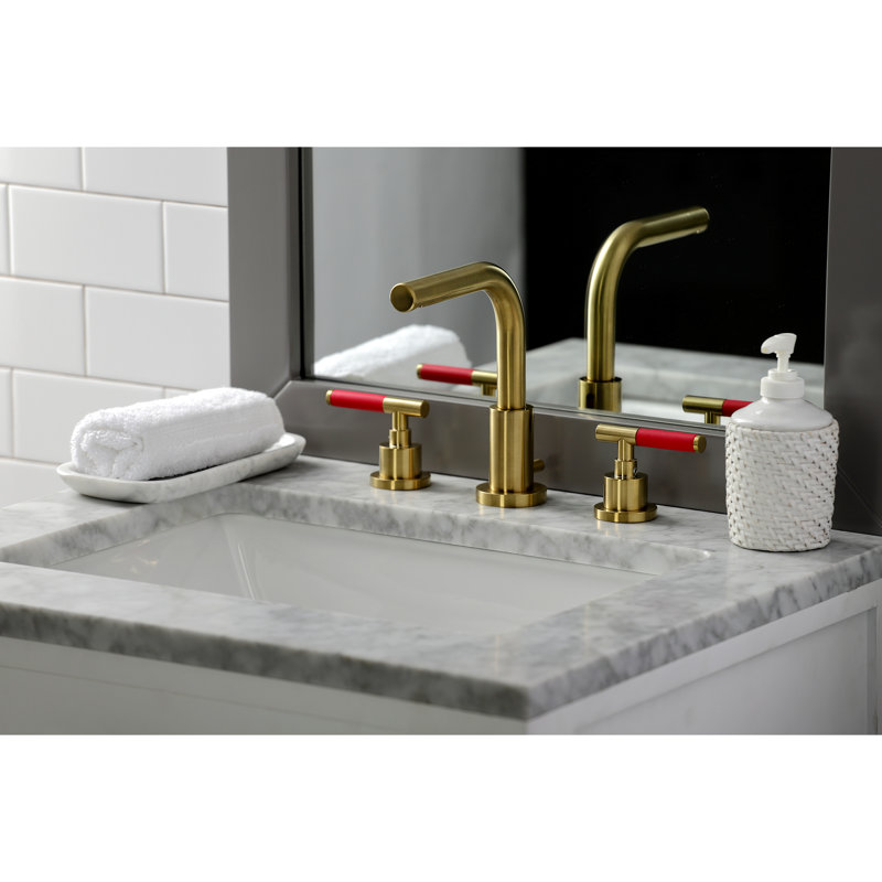 Kingston Brass Kaiser Two-Handle 3-Hole Deck Mount Widespread Bathroom Faucet with Brass Pop-Up Drain, Brushed Brass