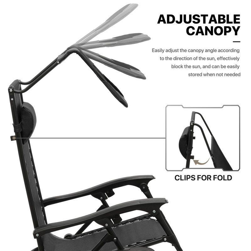 Black Metal Zero Gravity Recliner Lounge Chairs with Canopy