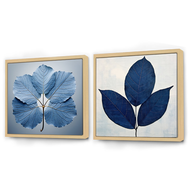 Feuilles bleues - Silhouette saphir - ensemble de 2 feuilles carrées, Cadre flottant brun, H 36 po x l 73 po