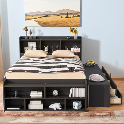 Full Size Pine Wood Bed with Bookcase Headboard, Underbed Storage Drawers & Bed-End Storage Case,Espresso