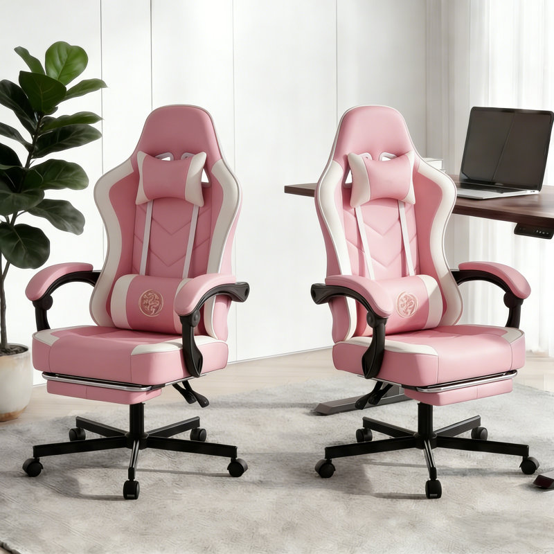 Adjustable Reclining Ergonomic Faux Leather Swiveling PC & Racing Game Chair(Set Of 2), Pink/White