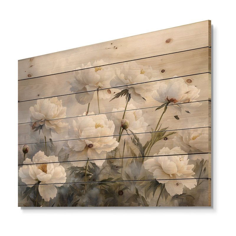 Pivoines dans la brume de basse-cour I - impression de pivoines sur bois de pin naturel, H 30 po x l 40 po x P 0,78 po