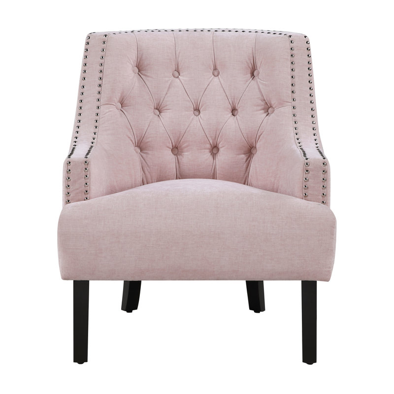 Chaise en chenille rose avec construction en bois massif et bouton - pour la décoration de la pièce de salon, Rose