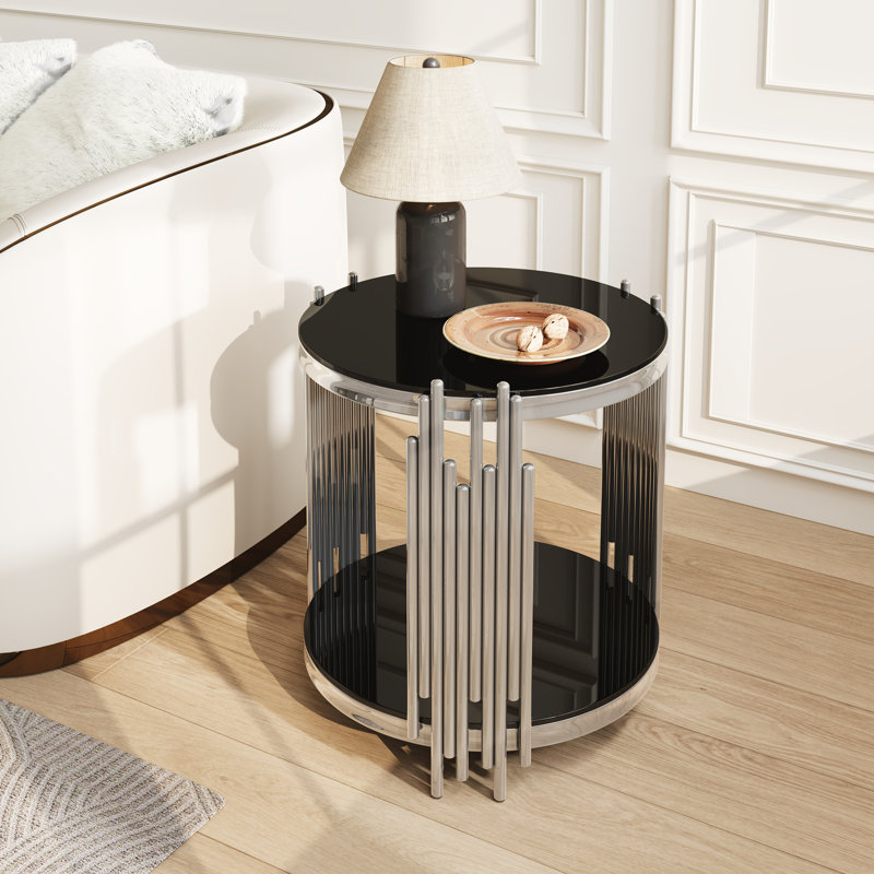 Table de bout ronde en verre, Noir, Argent