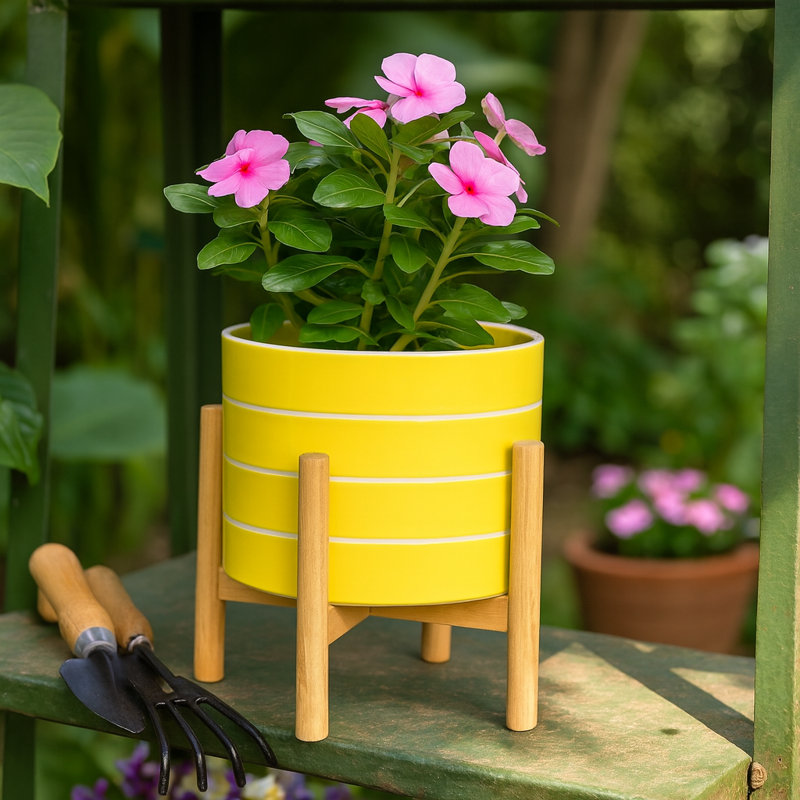 Glossy Ceramic Outdoor Planter on Stand for Indoor Home Decor - Modern Contemporary Flower Pot for Living Room or Patio - Yellow