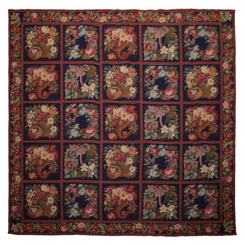 Tapis floral carré en laine tissé à la main 8 pi 6 po x 8 pi 6 po Aubusson