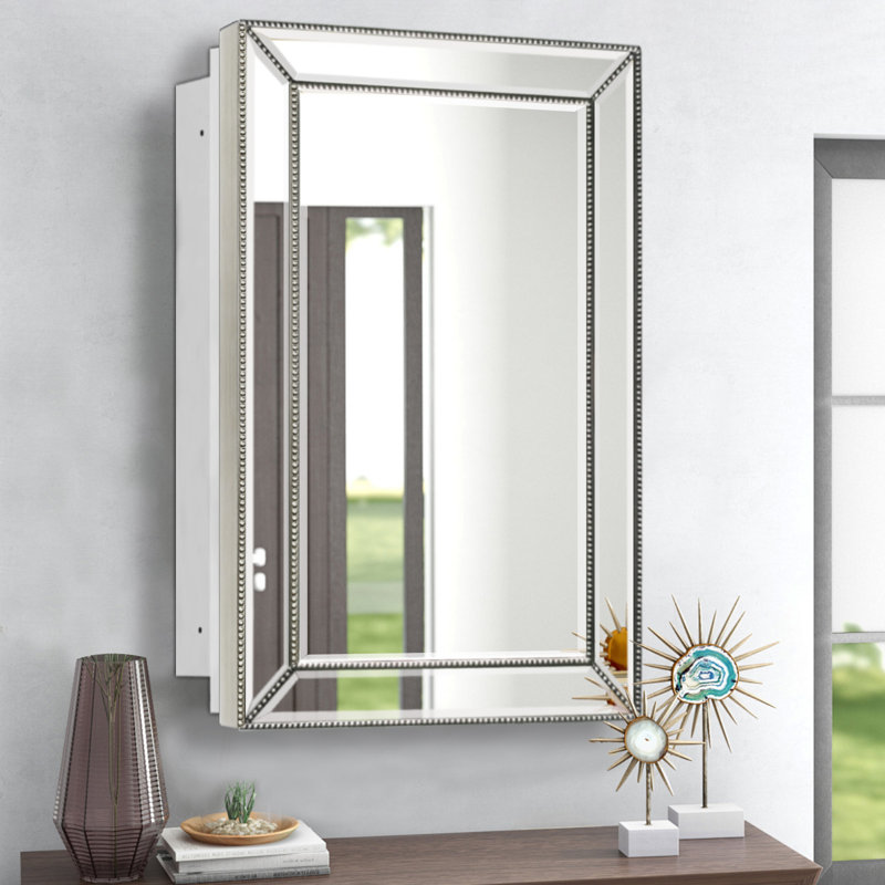  ﻿20x32 inches Retro Mirror Medicine Cabinet,Silver Beaded Wooden Frame & Retro Bevel Mirror with Storage, Recessed or Surface Mount