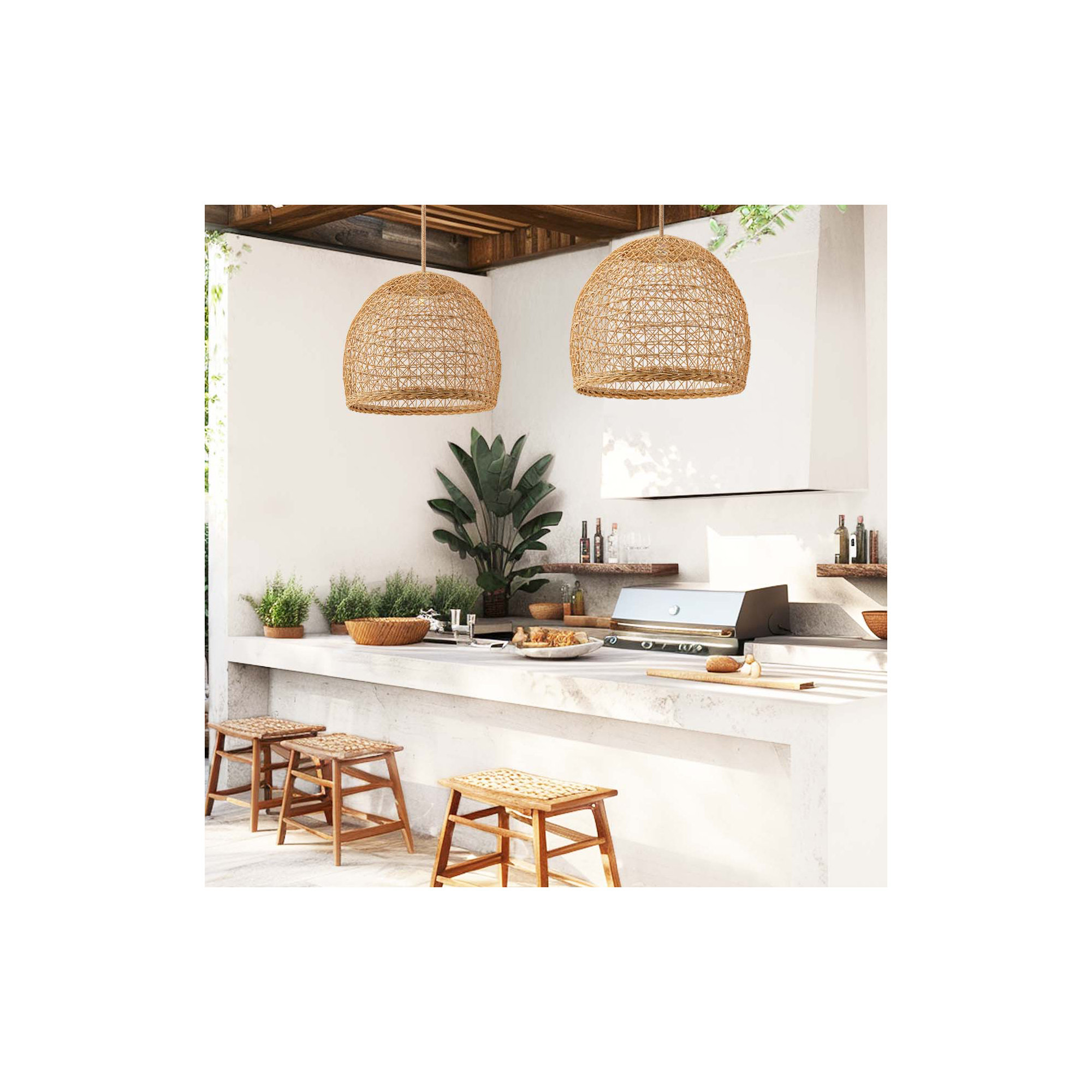 Outdoor Lumiere Dome Rattan Pendant Light, 16" H x 18" W x 18" D