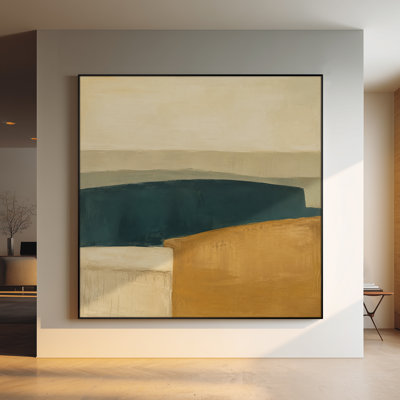Très grand art mural imprimé sur toile - Composition abstraite géométrique incurvée organique dans des tons de terre olive crème et moutarde qui coule un décor intérieur moderne minimal pour le salon ou la chambre à coucher - «Assemblage requis 