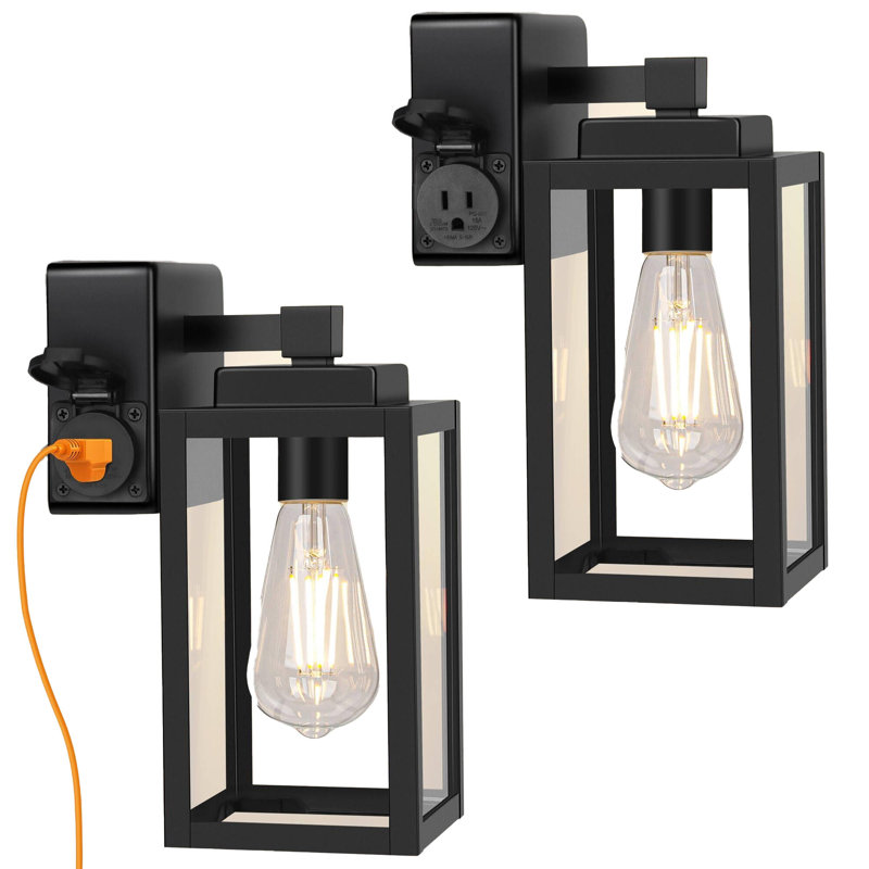 2-Pack Outdoor Wall Sconces with Outlet & E26 Sockets, Waterproof Exterior Wall Lamps for Patio, Front Door, Porch - Wall Mounted Lighting
