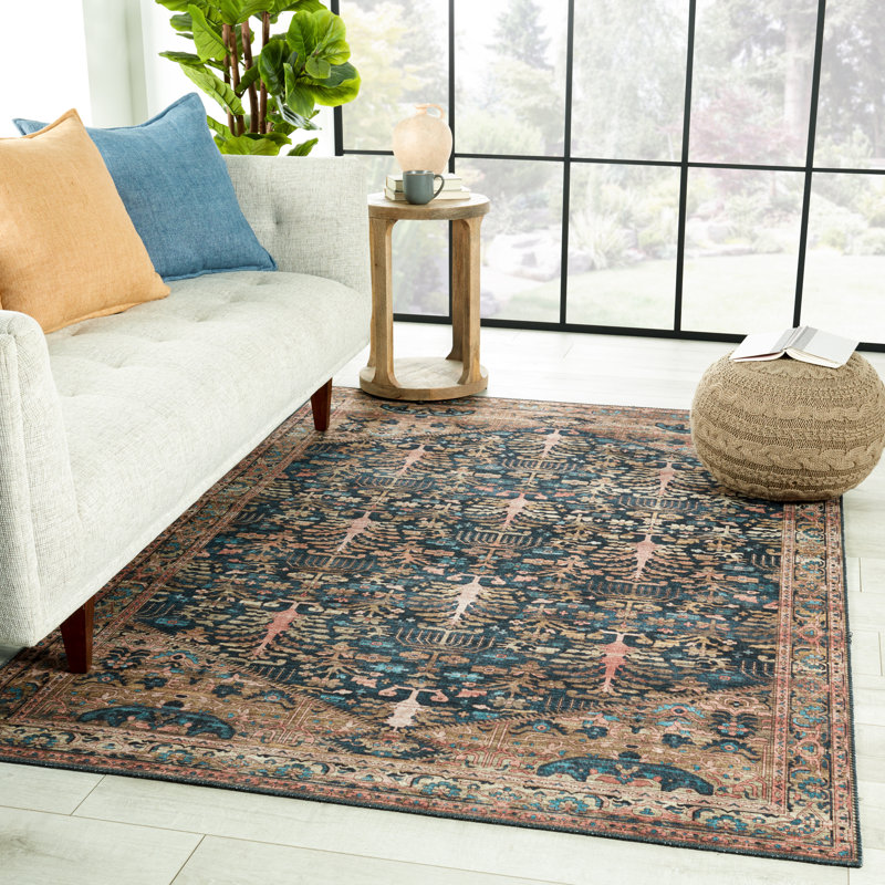 Jayven Machine Washable Performance Blue/Tan Rug, Rectangle 8' x 10'