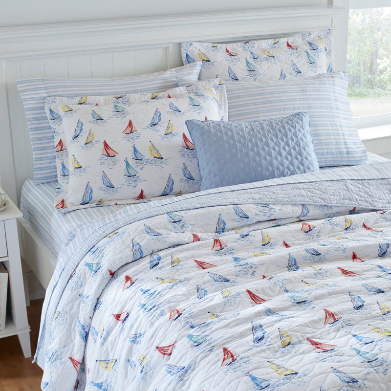 Ahoy Blue Cotton Reversible Twin Quilt Set