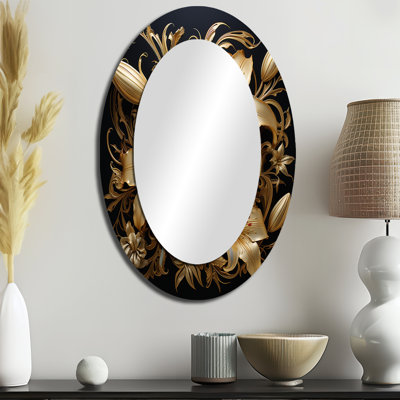 Golden Lily Flower Glam On Black V - Modern Farmhouse Oval Wall Mirror