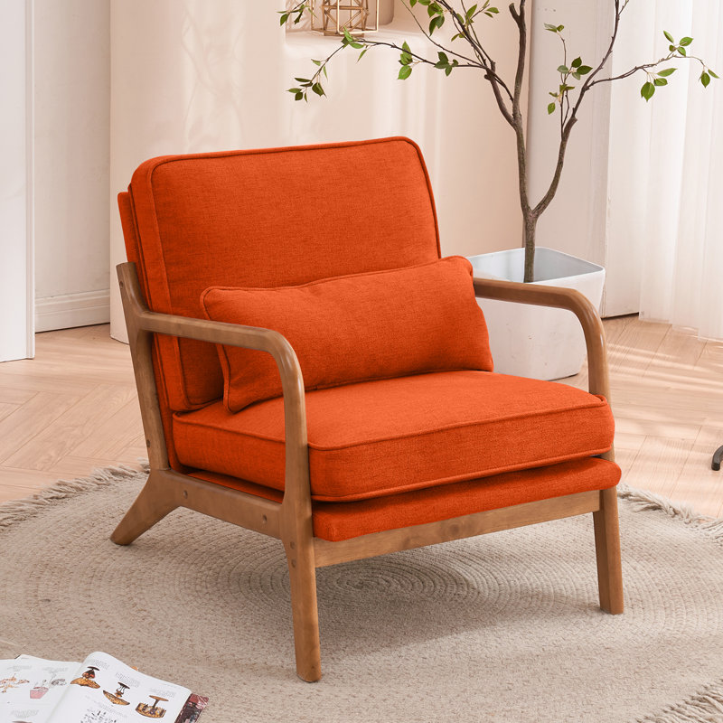 Fauteuil d'appoint rembourré en bois massif Lemley Mid Century, Mélange de lin orange