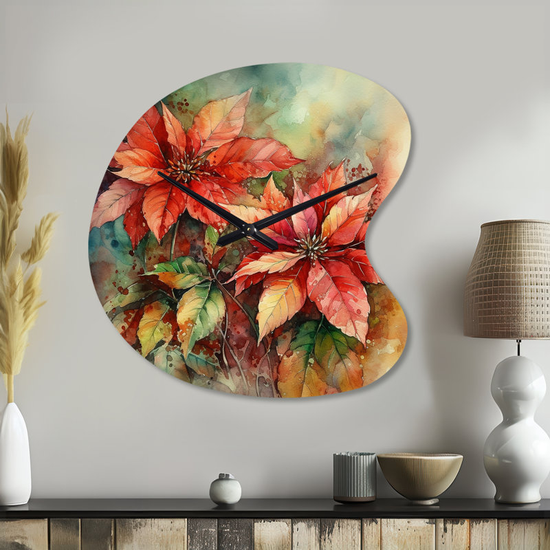 «Red Blossoming Poinsettias II», horloge murale en forme de poinsettia, Grand